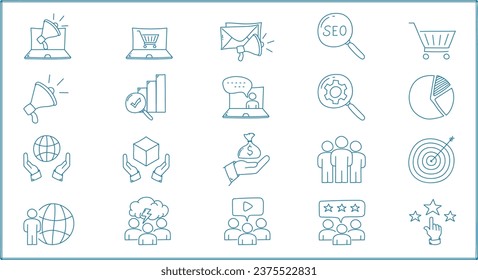 Digital marketing line icon collections. Doodle icon set of digital marketing