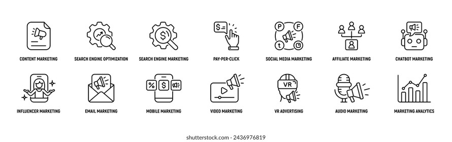 Digital Marketing Line Icon Set: Affiliate, Chatbot, Influencer, Email, VR, Video. Strategy, Editable Stroke.