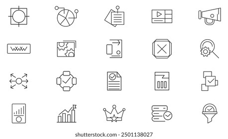 Digital marketing line icon set. Management, SEO, target, ad, analytics, content, website, social media, sales outline icon collection. UI thin line icon pack.