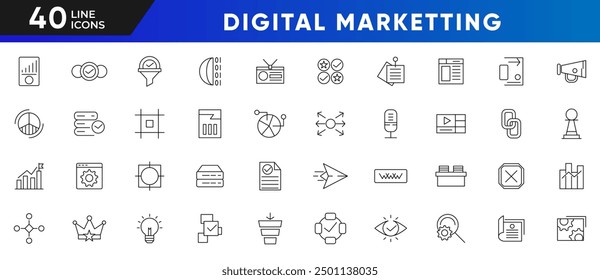 Symbolsatz für die digitale Marketingzeile. Management, SEO, Ziel, Anzeige, Analytik, Inhalt, Website, Social Media, Verkaufskulisse Icon Sammlung. UI Thin Line Icon Pack.