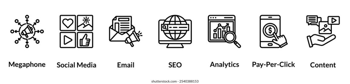 Digital marketing line icon set. Megaphone, Social Media, Email, SEO, Analytics, Pay Per Click, Content