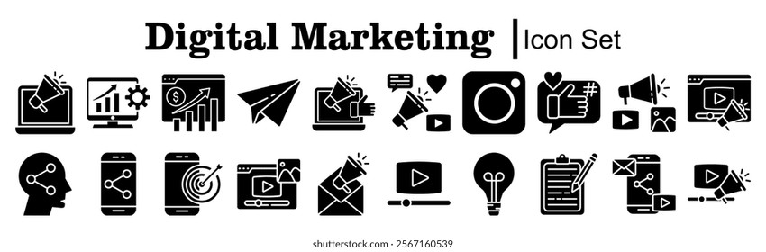 Digital Marketing Line Icon Set. Customer, Community, Video Marketing, Strategy, Keywords, Pay Per Click