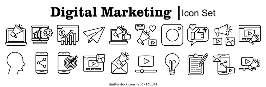 Digital Marketing Line Icon Set. Customer, Community, Video Marketing, Strategy, Keywords, Pay Per Click