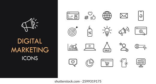 Digital Marketing Line Icon Set Including Social Media, SEO, E commerce and More. Line Style Icon Collection