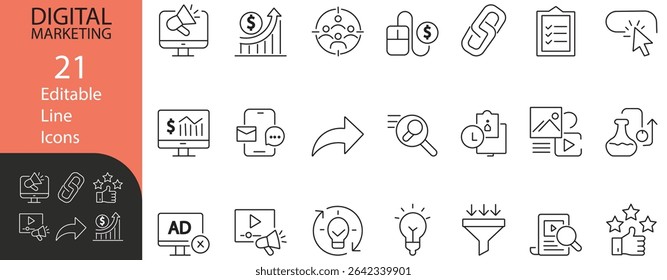 Conjunto de iconos de línea de marketing digital con SEO, PPC, redes sociales, análisis, conversión, correo electrónico y conceptos publicitarios. Perfecto para Sitios web, App y presentaciones.