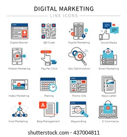 Digital Marketing Line Icon Set With Descriptions Of Social Media Digital Banner Mobile Video Marketing News Letter Vector Illustration