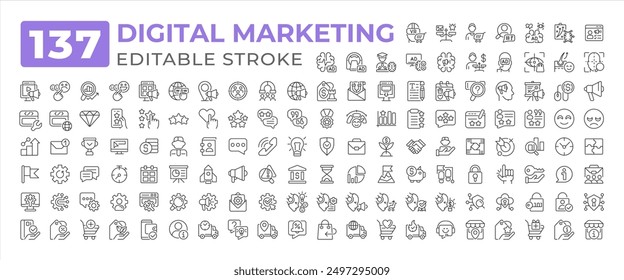 Digitale Marketing-Linie Symbole großen Satz. Online-Werbung, Nutzung von Werbemitteln. Kundenservice, Bewertungssysteme. Piktogramme mit Symbolkontur. Isolierte lineare Vektorgrafiken. Bearbeitbarer Strich