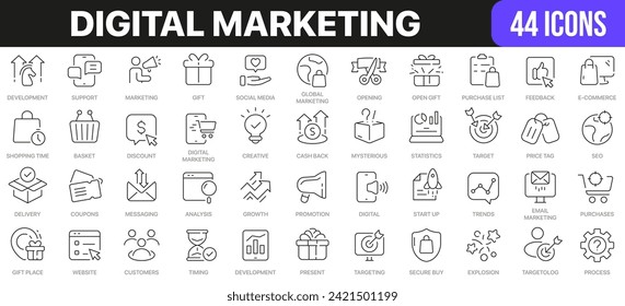 Sammlung digitaler Marketinglinien für Symbole. UI-Icon-Set in einem flachen Design. Ausgezeichnete Symbolsammlung. Paket mit den Symbolen der dünnen Umrisse. Vektorgrafik EPS10