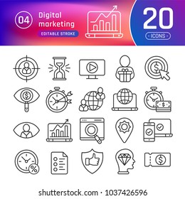 Digital marketing line icons set for business. Pictogram collection suitable for banner, mobile application, presentation. Editable stroke