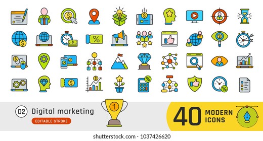 Digital marketing line icons set for business. Outline icons suitable for info graphics, print media and interfaces. Editable stroke