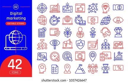 Digital marketing line icons set for business. Pictogram collection suitable for banner, mobile application, presentation. Editable stroke