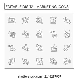 Digital marketing line icons set. Marketing strategies based on digital technologies to promote products and services. Business concept. Isolated vector illustration. Editable stroke