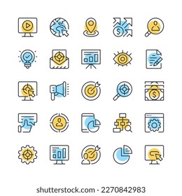 Digital marketing line icons. Set of SEO icons. Black, blue and yellow colors. Modern outline graphic design. Vector line icons set