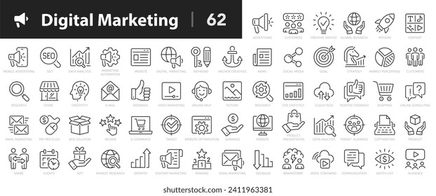 Digital marketing line icons set. Marketing outline icons collection. Website, seo, social media, online advertising, mail, content, strategy, target, feedback, store - stock vector.