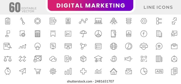 Digital Marketing line icons set. Social, networks, feedback, communication, marketing, e-commerce, content, e-commerce, seo, marketing and search engine optimization outline icons collection.