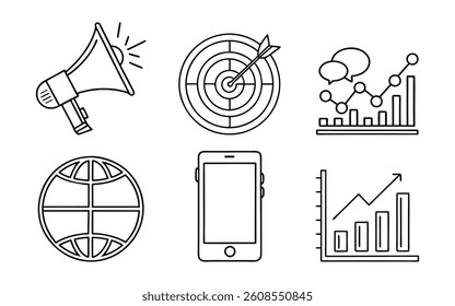 Digital Marketing Line Icons Set with Data Analytics and Communication Symbols