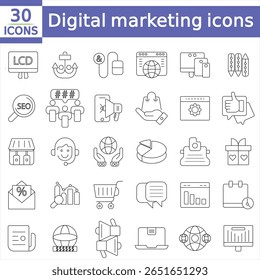 Digital marketing line icons set. Marketing outline icons collection. Website, seo, social media, online advertising, mail, content, strategy
