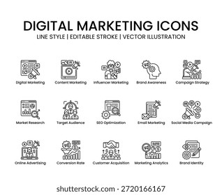 Los iconos de línea de marketing digital establecen el estilo de contorno. Incluye influencer, investigación de mercado, campaña en redes sociales, estrategia de campaña, análisis y conceptos de promoción en línea. Ideal para presentaciones de marketing, Sitios web de agencias, paneles, herramientas de redes sociales y proyectos digitales profesionales. Iconos vectoriales totalmente editables y escalables.