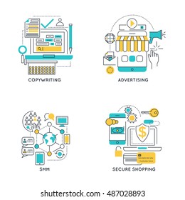 Digital marketing linear compositions with copywriting and advertising social media and secure shopping isolated vector illustration