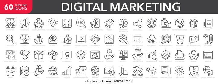 Digital marketing linear icons collection. Big set of more 250 thin line icons in black. Digital marketing black icons. Vector illustration
