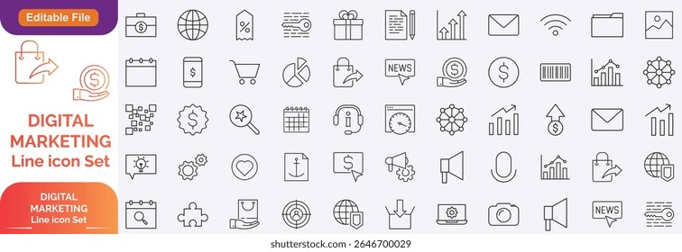 Digital marketing linear icons collection. Big set of more thin line icons in black. Digital marketing black icons. Vector illustration