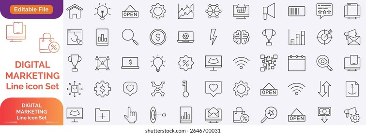 Digital marketing linear icons collection. Big set of more thin line icons in black. Digital marketing black icons. Vector illustration
