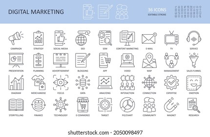 Digital marketing linear icons. Editable stroke. Campaign to promote focus search engine TV e-mail management planning presentation. Social media advertisement strategy typescript service merchandise