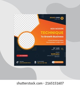 Digital marketing live webinar and business social media post template. Marketing social media post design or square social media post banner. Marketing agency social media post template pro vector.