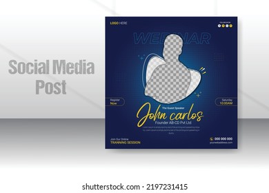 Digital marketing live webinar and business social media post design template with blue and yellow color, modern and unique shape promotion web banner for social media