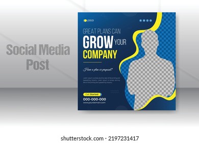 Digital marketing live webinar and business social media post design template with blue and yellow color, modern and unique shape promotion web banner for social media