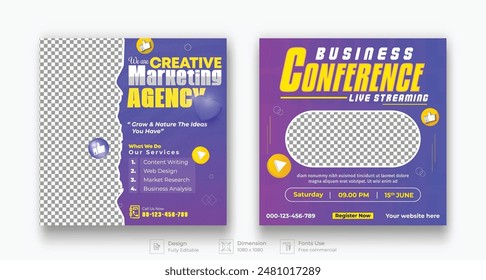 Digital marketing live webinar and business conference social media post design template.