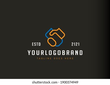 Digital marketing logo design inspiration. Vector illustration of trade cooperation symbol shaking hands. Modern vintage icon design template with line art style.