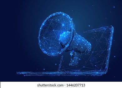 Digital marketing low poly wireframe illustration. Polygonal online notification, Internet targeted advertisement mesh art. 3D laptop and megaphone with connected dots. Promotional campaign
