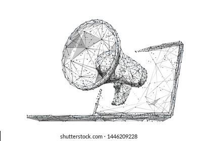 Digital marketing low poly wireframe illustration. Polygonal online notification, Internet targeted advertisement mesh art. 3D laptop and megaphone with connected dots. White background