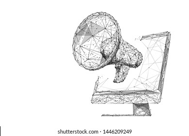 Digital marketing low poly wireframe illustration. Polygonal online notification, Internet targeted advertisement mesh art. 3D computer and megaphone with connected dots. White background