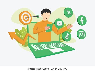 Digital marketing man talking on laptop for social media