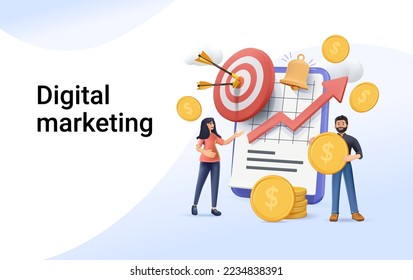 Digital marketing, manage finances 3D concept. People calculating analyzing personal corporate budget, managing financial income, consulting accountant. 3D render vector illustration website template