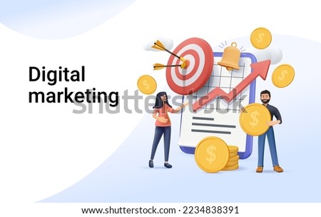 Digital marketing, manage finances 3D concept. People calculating analyzing personal corporate budget, managing financial income, consulting accountant. 3D render vector illustration website template
