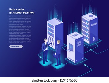 Digital Marketing Management, Receipt Of Statistics Data, Mobile Bank, Financial Transaction, Business Planning. Server, Businessmans In Data Center Room, Working Group Isometric Vector.