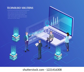 Digital marketing management, receipt of statistics data, mobile bank, financial transaction, business planning. Computer, businessmans in data center room, working group isometric vector.
