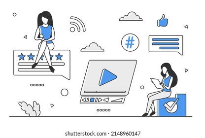 Digital marketing manager creating public content. Social media publication and client reviews vector monocolor illustration