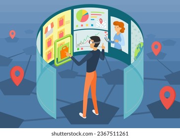 Digital marketing manager working with virtual screens and analyzing data , Vector illustration 