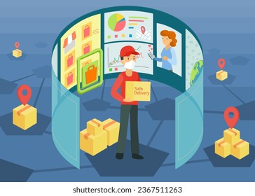 Digital marketing manager working with virtual screens and analyzing data , Vector illustration 