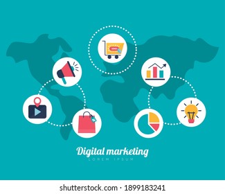 Digital marketing map and flat style icon set design, ecommerce and shopping online theme Vector illustration
