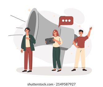 Digital Marketing and Media Concept. Men and women use large loudspeaker, communicate with audience and advertise product or service. Promotion in social networks. Cartoon flat vector illustration