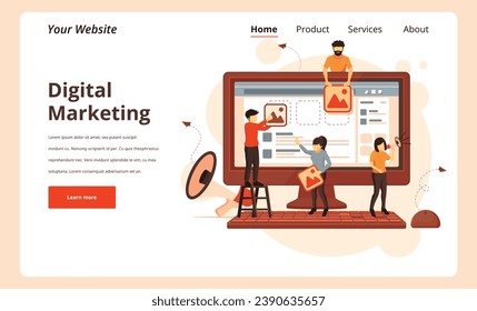 Digital marketing media (website ad, email, social network, SEO, video, mobile app) in virtual globe shape diagram.Waves of blue light and businessman using on smartphone as concept