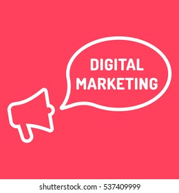 Digital marketing. Megaphone with speech bubble icon. Flat vector illustration on red background.