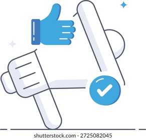 Digital marketing megaphone with thumbs up and checkmark icons for social media engagement and promotion isometric flat vector illustration.