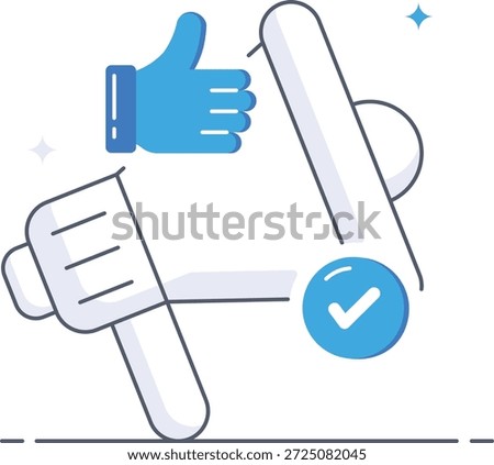 Digital marketing megaphone with thumbs up and checkmark icons for social media engagement and promotion isometric flat vector illustration.