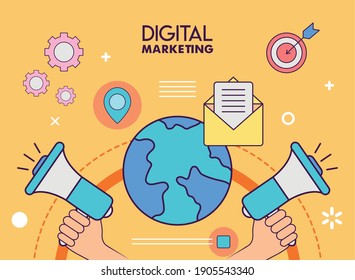 Digital marketing megaphones with world and icons design, ecommerce and shopping online theme Vector illustration